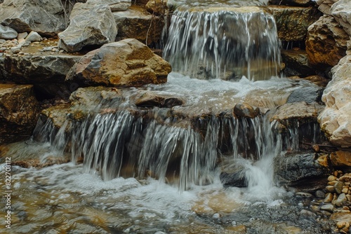 Gentle cascades of water spill over a rocky bed in nature, creating a series of mini waterfalls amid stones