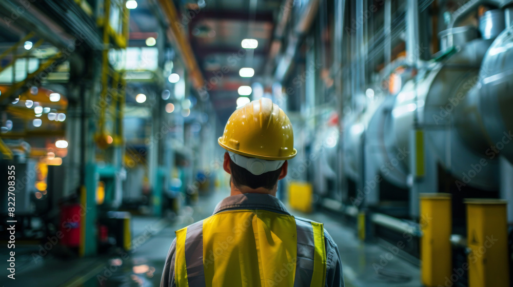 A worker wearing a reflective vest and hard hat stands in a large, brightly lit factory, overseeing the industrial machinery. A worker wearing a reflective vest and hard hat stands in a large, brightly lit factory, overseeing the industrial machinery.