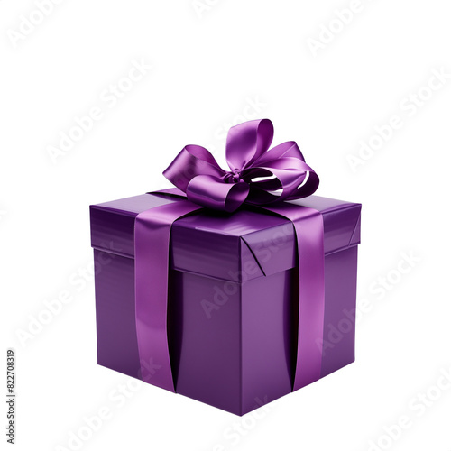 Purple gift box with ribbon. Transparent PNG background. Birthday present mockup. Closed square surprise box. Ideal for promotional campaigns, black Friday, valentines, Christmas, mother's day.