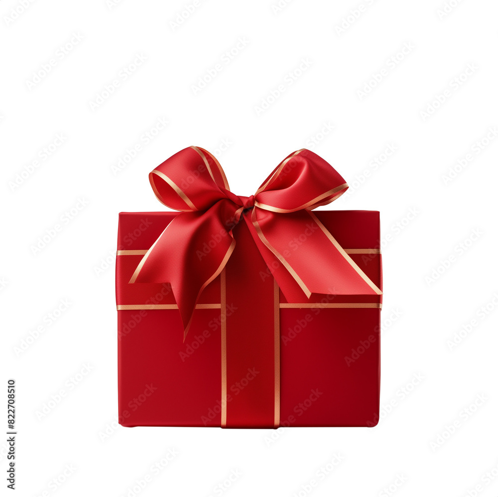 Fototapeta premium Red gift box with ribbon. Transparent PNG background. Birthday present mockup. Closed square surprise box. Ideal for promotional campaigns, black Friday, valentines, Christmas, mother's day.