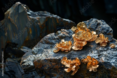 Rich golden crystal flowers bloom on a rough dark stone, showcasing nature's mineral beauty © ChaoticMind