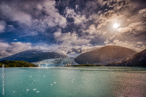 Argentina, Tierra del Fuego National Park. Landscape with Pia Glacier and ocean. photo