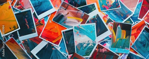 Polaroid photos scattered with colorful abstract overlays, creating a vibrant and dynamic collage that blends nostalgia with modern artistic expression. photo