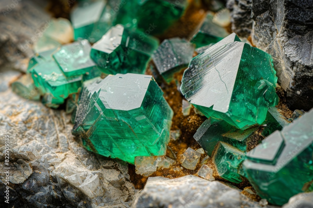 Close-up shot of deep green natural emerald crystals with distinct sharp edges and rocky background Close-up shot of deep green natural emerald crystals with distinct sharp edges and rocky background