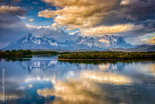 Chile, Torres del Paine National Park. Landscape with lake and Cerro Paine Grande mountains. photo