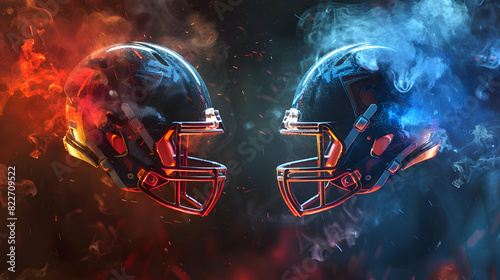 American football helmets standing in front of each other in challenge around red flame and blue smoke photo