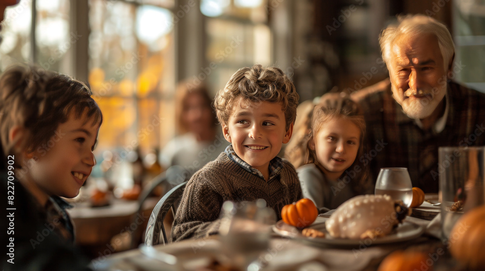 Fototapeta premium A family enjoys Thanksgiving dinner together, featuring children, an elderly man, and festive decorations, celebrating tradition and togetherness.