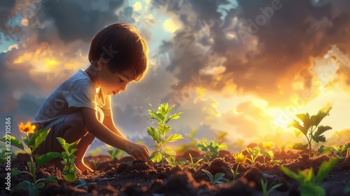 A boy planting seeds. A boy planting seeds and taking care of a plant. Modern design illustration in hand drawn style.