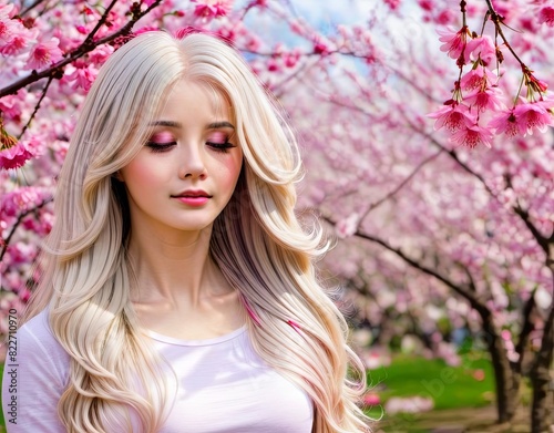 Woman with long blonde hair in front of cherry blossom tree