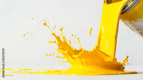 a captivating moment frozen in time--a can of bright yellow paint being poured out, creating a vibrant splash on a pristine white surface photo