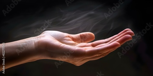 Human Hand with Palm Up on Black Background. Concept Hand Gestures, Black Background, Body Parts, Symbolism, Contrast photo