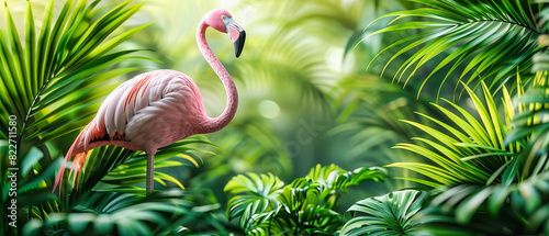 Group of Pink Flamingos in a Tropical Setting, Capturing Their Elegant Stance and Vibrant Colors photo