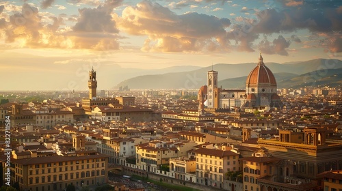 A cityscape of Florence during the Renaissance, with the iconic dome of the Duomo in the background, photo