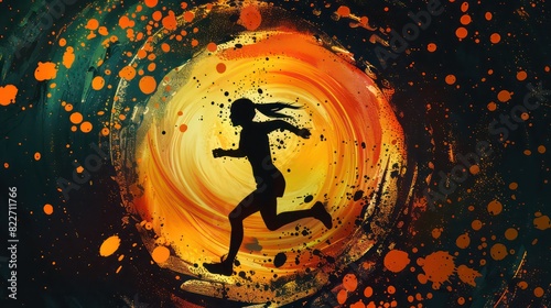 Silhouette of figure running inside splattered circular shape