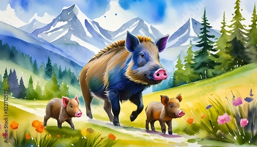 野生の大自然の中を歩く仲良し家族の楽しげな様子の猪 photo