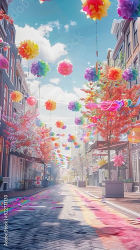 3D render ofA stunning street scene during Pride month, adorned with vibrant decorations and rainbow flags.,photo realistic, high resolution photography, photographed in the style Photography