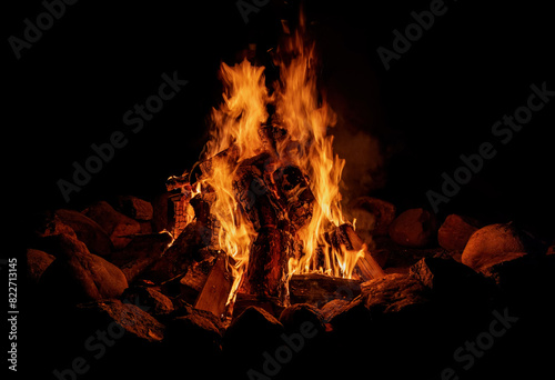 A bonfire with firewood at night on a black background. A close-up photo of the flame.