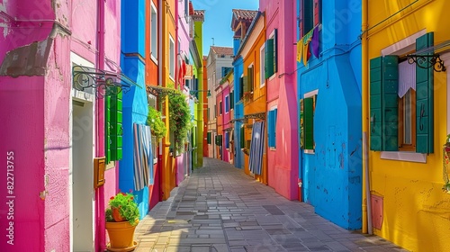 An alleyway adorned with colorful facades on the picturesque island of Burano in Venice, Veneto, Italy. © Marry