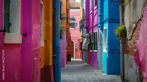 An alleyway adorned with colorful facades on the picturesque island of Burano in Venice  Veneto  Italy.