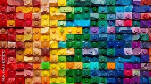 Street Art of An artistic representation of the LGBTQ  flag integrated into a vibrant  inclusive landscape. Lego material
