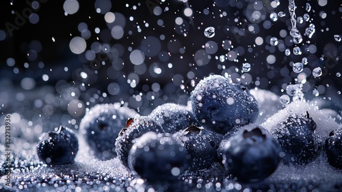 Sugar cascades onto blueberries against a black background, with selective focus capturing the scene.