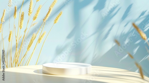 A white podium mockup for product photos of cosmetics is featured on a blue-yellow background at an angle, accompanied by wheat sprouts and a distinct hard shadow, creating a concept shoot ambiance. photo