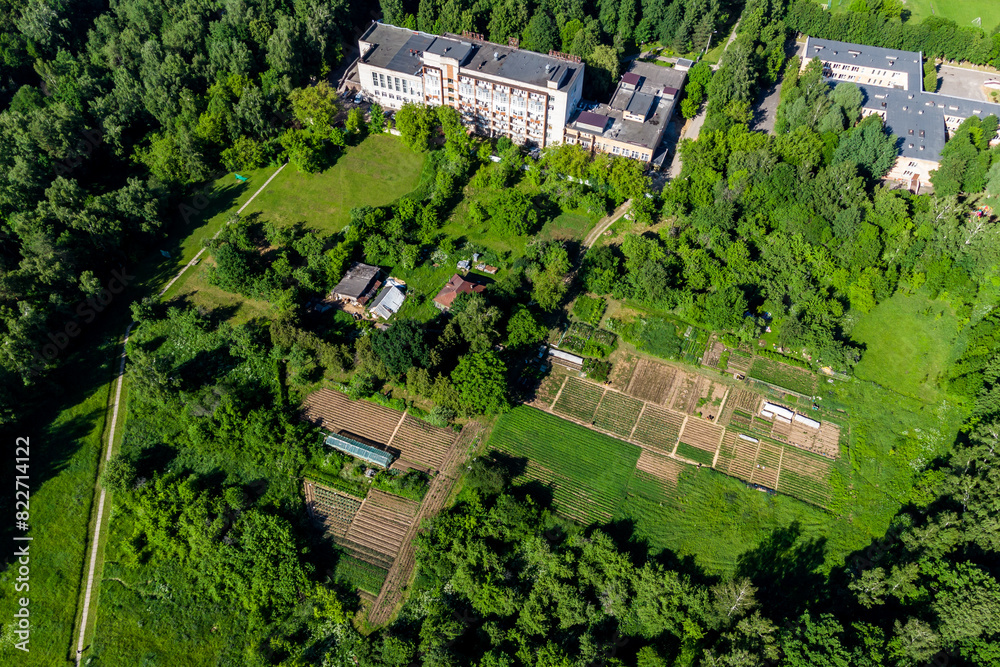 Fototapeta premium Aerial view of vegetable gardens and village buildings adjacent to city buildings