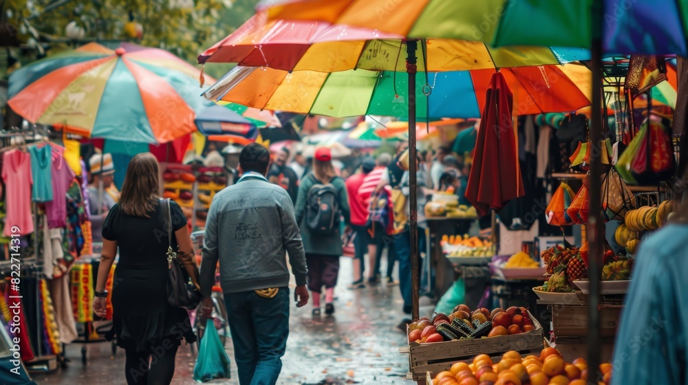 Obraz premium Cyberpunk of A colorful street market during Pride, showcasing the vibrancy and inclusivity of the community.,Magazine photography style