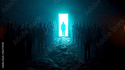 Mysterious silhouette at an illuminated doorway in a dark room. A concept of discovery and the unknown. Moody and atmospheric scene. Suitable for thriller or sci-fi themes. AI