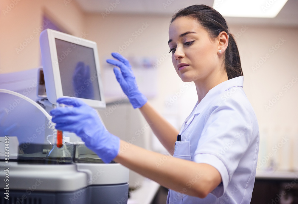 Woman, computer and science in laboratory for medical, research and test for innovation in hospital. Biomedical scientist, study and technology for vaccine, healthcare and pharmaceutical development Woman, computer and science in laboratory for medical, research and test for innovation in hospital. Biomedical scientist, study and technology for vaccine, healthcare and pharmaceutical development