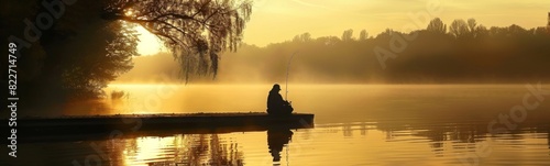 Hazy lake with a person sitting on a dock and a tree. Fishing background. Banner photo