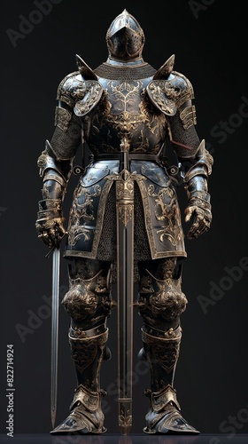 A regal figure adorned in elaborate medieval armor, standing tall with a sword in hand, ready for battle. 32k, full ultra HD, high resolution