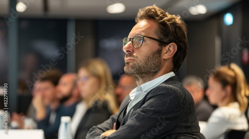 A man in a suit is sitting in a room with other people