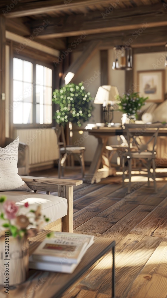 2D Illustrate of A rustic charm farmhouse with designer furniture and hardwood flooring.,3d letters 2D Illustrate of A rustic charm farmhouse with designer furniture and hardwood flooring.,3d letters
