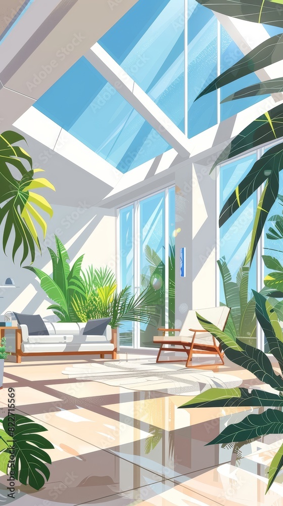 Fototapeta premium Minimalism of A solar-panel equipped house with an atrium and luxury interiors.,Surrealistic cartoon