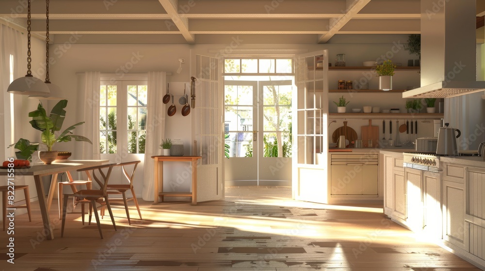 Character Design of A house with French doors and an open floor plan kitchen.,soft afternoon light, Character Design of A house with French doors and an open floor plan kitchen.,soft afternoon light,