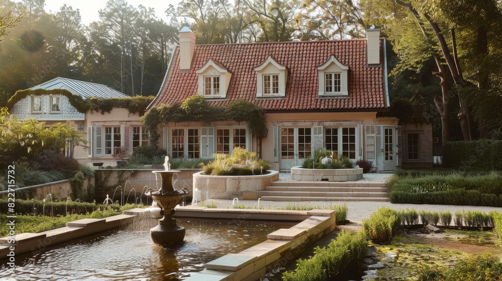 Obraz premium Photorealism of A home with dormer windows and a water feature in the garden.,beigeand white back ground,of [softsunlight Photography]