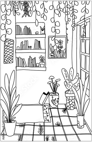 Coloring page of the interior of a cozy room with plants and bookshelf