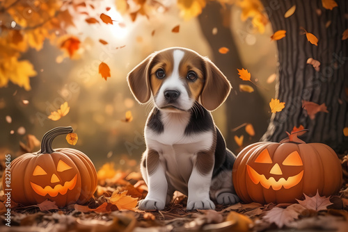 Description: A charming illustration depicts an adorable Beagle puppy, set against a Halloween backdrop with pumpkins