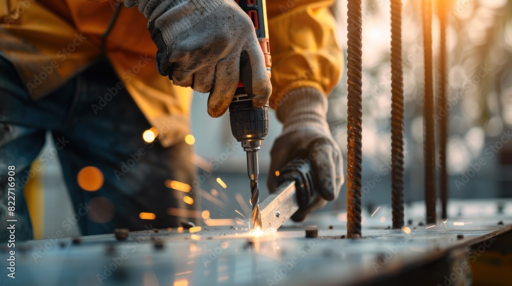 Close up of a worker hands wearing gloves holding a drill on a construction