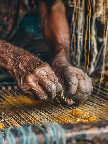 Close-Up Captures details of workers' hands at work, holding thread or operating a loom