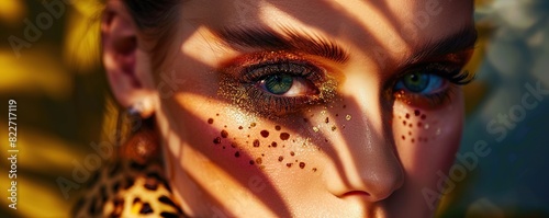 Portrait of model woman with golden wild cat eye leopard makeup. Generative AI images