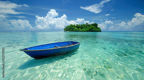 A blue boat gently floating on crystal clear waters: The boat appears to be made of wood, with intricate details