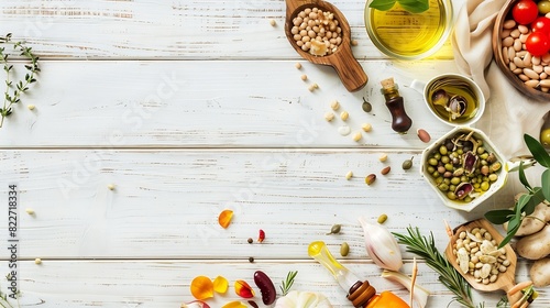 Winter vegetarian vegan food cooking ingredients Flatlay of vegetables fruit beans cereals kitchen utencil dried flowers olive oil over white wooden background top view Clean eating fo : Generative AI photo