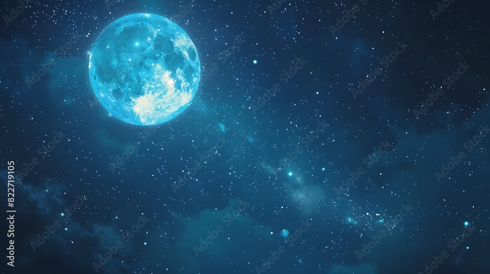 Enchanting Night Sky with Sparkling Stars and Full Moon | Serene Blue Background for Dreamy Projects
