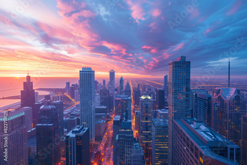 Aerial view of a vibrant city skyline at sunset