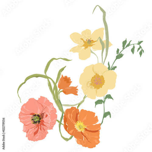 Watercolor abstract flower bouquet of narcissus, poppy and tulip. Hand drawn wildflowers isolated on white background. Holiday Illustration for design, print, fabric or background.