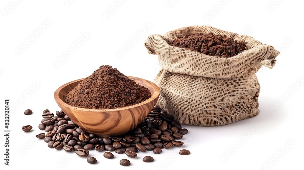 Roasted coffee beans in sack bag with coffe powder ground coffee in wooden bowl isolated on white background : Generative AI Roasted coffee beans in sack bag with coffe powder ground coffee in wooden bowl isolated on white background : Generative AI