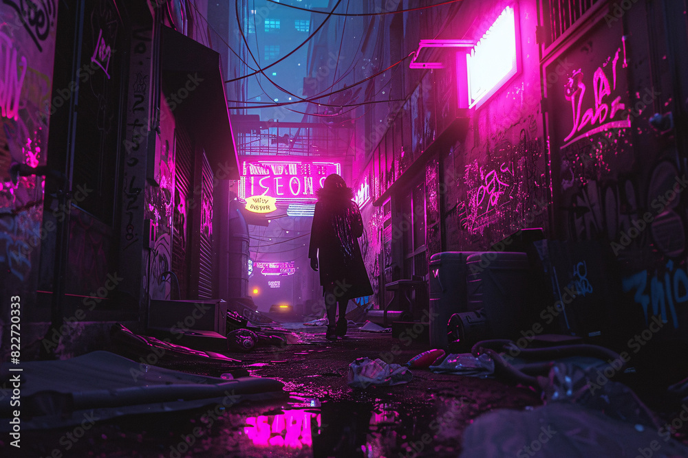 Cyberpunk alleyway with graffiti neon signs and shadow Stock Photo ...