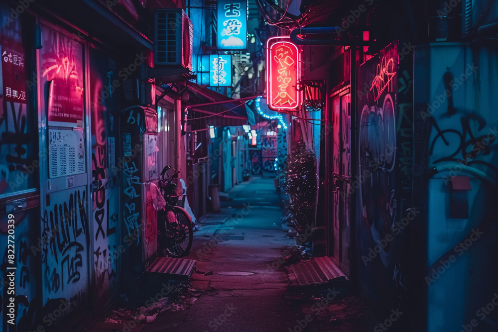 Obraz premium Cyberpunk alleyway with graffiti neon signs and shadow